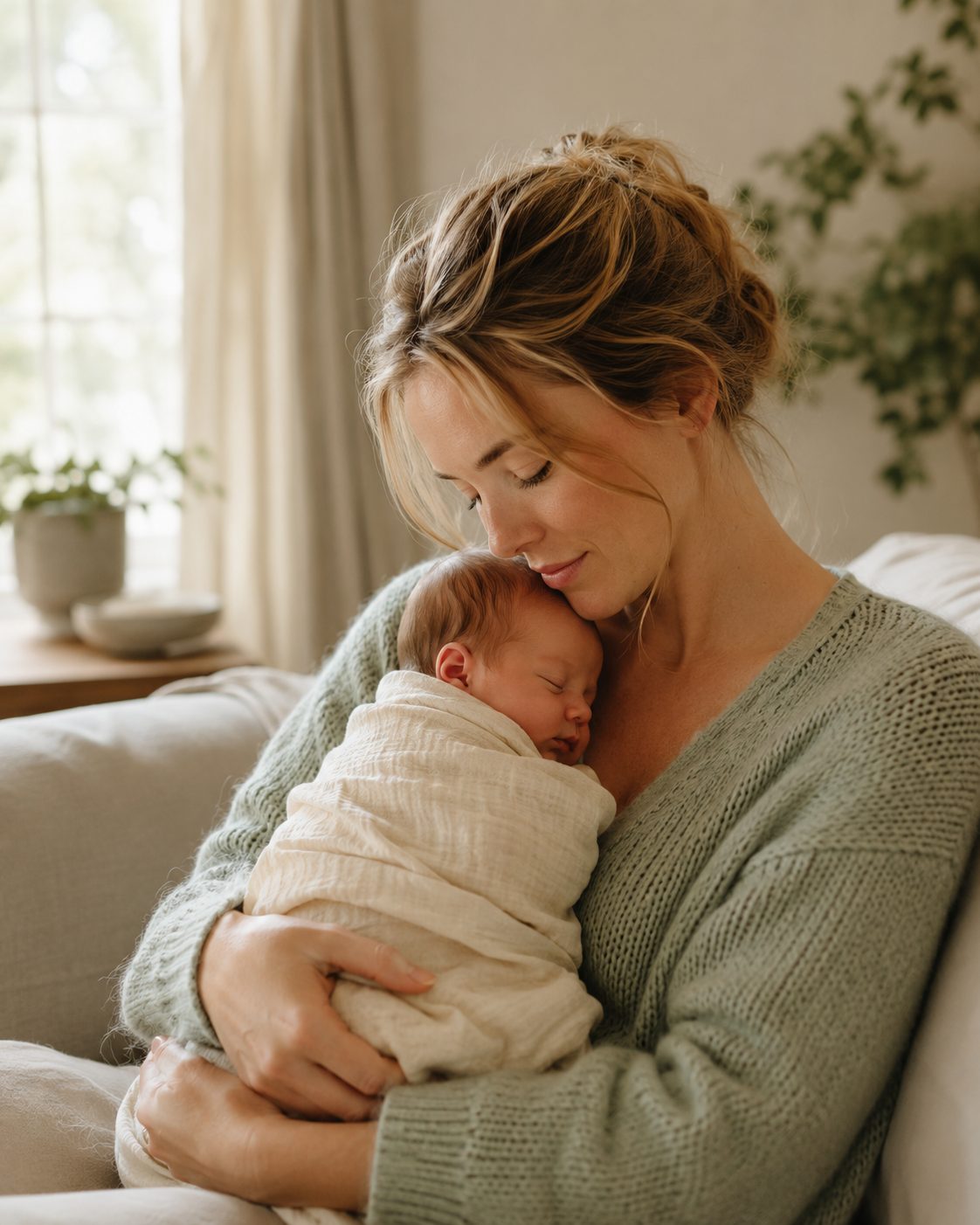 A mother cradling her newborn baby in a bright, calm living room