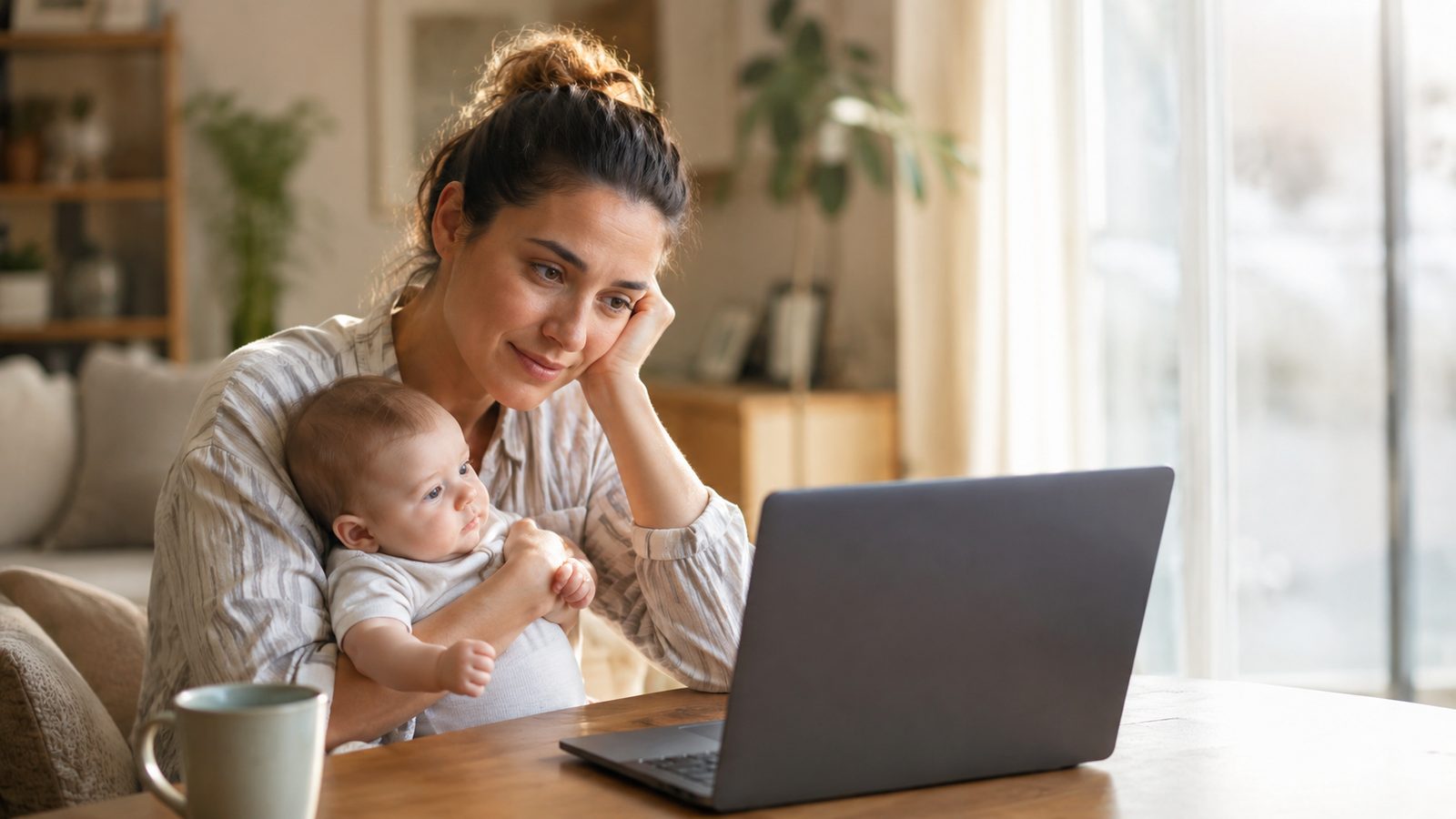 A parent holding their baby during a video consultation at home