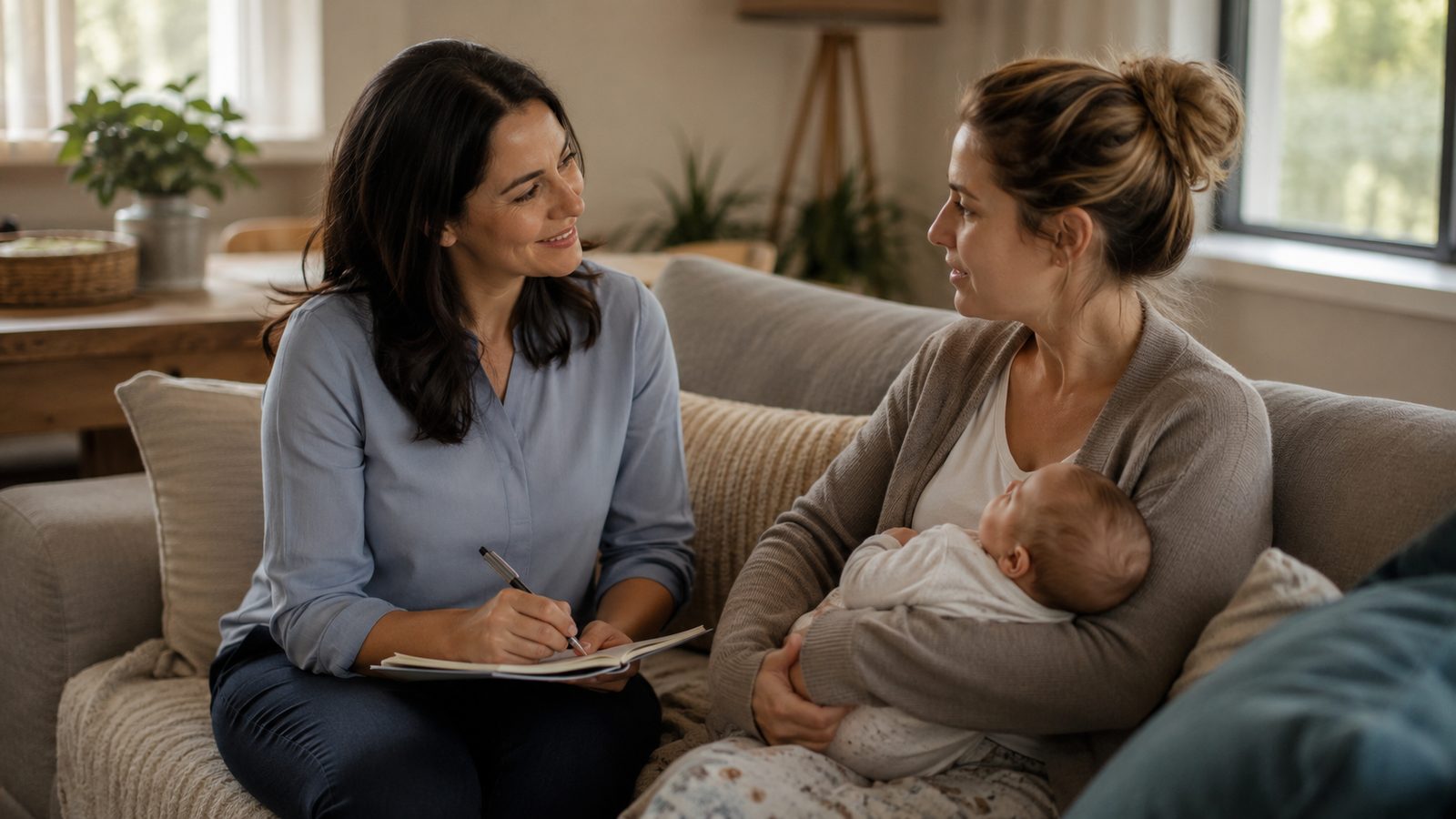 A feeding specialist supporting a mother and baby at home